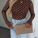 Women's Mesh Polka Dot Top Lined Sheer Long Sleeve Tee Crewneck Slim Fit Layering Under Base Top with Thumbholes