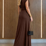Women's Boat Neck Ruched Maxi Dress Gold Buckle Cap Sleeve Formal Evening Gown