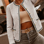 Women's Striped Knit Coat Contrast Binding Button Down Cardigan Round Neck Crop Blazer Coat with Pockets