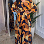 Colorblock Geometric Print V-Neck Batwing Sleeve Ruched Waist Overalls Casual Cinched Waist Wide Leg Jumpsuit