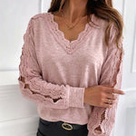 Women's Lace Patchwork V-Neck Top Hollow Out Drop Shoulder Long Sleeve Knit Pullover Elegant Loose Fit Casual Tee