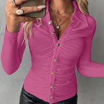 Long Sleeve Button Down Shirt Collar Neck Ruched Fitted Top