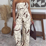Women's Abstract Print Two Piece Outfits Tube Top and High Waist Wide Leg Pants Set with Detachable Clear Straps