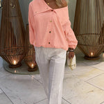 Women's Turn-down Collar Long Sleeve Blouse Casual Gold Button Loose Drawstring Shirt