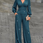 Women's 2 Piece Glitter Set Deep V Neck Lantern Sleeve Ruched Top and Wide Leg Pants with Pockets