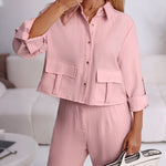 2 Pieces Outfit Turn-down Collar Turn-Up Sleeves Button Front Flap Pockets Design Top and Causal Zipper Fly Elastic Back Waist Wide Leg Pants Set