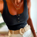 U-Neck Sleeveless Half Button Front Tank Slim Fit Backless Knit Waffle Tank Top