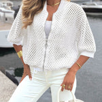 Women's Hollow Out Half Sleeve Knit Coat Baseball Collar Zipper Up Drawstring Hem Crop Jacket