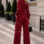 Women's 2 Piece Glitter Set Deep V Neck Lantern Sleeve Ruched Top and Wide Leg Pants with Pockets