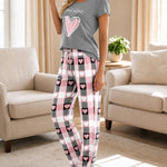 Women's Frill Hem Two Piece Pajama Set Heart Slogan Short Sleeve Top and Plaid Straight Leg Pants Casual Lounge Set