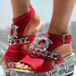Newspaper Rhinestone Gear Pattern Slingback Platform Wedge Sandals