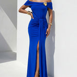 Women's Off Shoulder Ruched Gold Flower Draped Evening Gown Side Slit Mermaid Maxi Dress