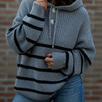 Women's Striped Henley Drawstring Hooded Sweater Loose Fit Lantern Sleeve Knit Pullover