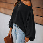 Women's French Style Off Shoulder Blouse Elegant Lantern Sleeve Top Versatile Skew Neck Textured Shirt