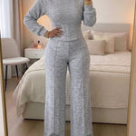2 Pieces Outfit O-neck Long Sleeve Cinched Waist Sweatshirt and Elastic Waist Wide Leg Pants Set Casual Seam Design Sweatpants Set