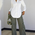 Turn-down Collar Roll Up Sleeve Button Front Shirt Casual Side Slit Curved Hem Top