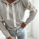 Striped Contrast Floral Lace Patchwork Long Sleeve Pullover Casual Lace Drawstring Hoodie Sweatshirt
