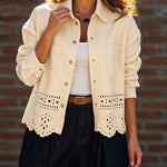 Women's Burnout Pattern Scalloped Hem Suede Coat Lapel Collar Button Front Cropped Jacket