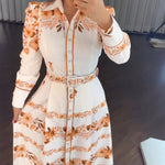 Floral Placement Print Turn-down Collar Puff Sleeve Vacation Dress Casual Button Down Shirt Dress With Belt and Lining