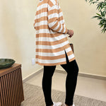 Women's Striped T Shirt Long Sleeve Drop Shoulder Crewneck Tee Side Slit Casual Loose Fit Top