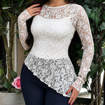 Women's 2 Piece Outfit Sheer Floral Lace Asymmetrical Hem Long Sleeve Top with Cami Top