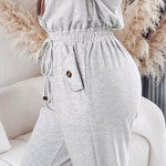 Turn-down Collar Overlap V-Neck Drawstring Stretchy Waist Jumpsuit Casual Flap Pockets Design Jumpsuit