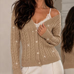 Women's Sequin Cable Knit Cardigan V Neck Button Down Slim Fit Long Sleeve Sweater