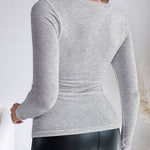 Built In Bra U Neck Tee High Stretchy Knit T-Shirt Long Sleeve Top
