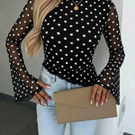 Women's Polka Dot Mesh Top Flare Long Sleeve Boat Neck Lined Asymmetric Frill Hem Blouse Vintage Party Shirt