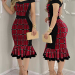 Women's Houndstooth Colorblock Off Shoulder Ruffle Hem Bodycon Dress