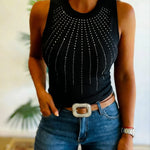 Rhinestone Decor O-neck Sleeveless Tank Slim Fit Ribbed Tank Top