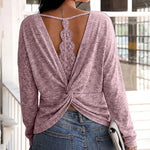 Women's Long Sleeve Knit Top Backless Twist Lace Panel Casual Tee