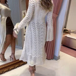 Round Neck Asymmetrical Hem Hollow Out Knitted Sweater Casual Scallop Trim Bell Sleeve Top