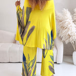 2 Pieces Outfit Plants Print Cold Shoulder Batwing Sleeve Top and Casual Wide Leg Pants Set