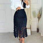 Women’s Lace Tassel Trim Bodycon Skirt Hollow-Out Detail High Waist Pencil Skirt with Side Zipper