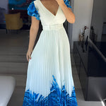 Abstract Placement Print Overlap Deep V-Neck Ruffles Sleeve Pleated Maxi Dress Elegant Zipper Back Cinched Waist Vacation Dress with Belt