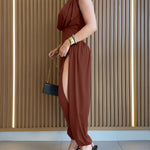 Padded Shoulders Sleeveless Cinched Waist Side High Slit Overalls Casual Hollow-out Back Ruched Jumpsuit