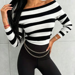 Women's Foldover Off Shoulder Striped Pullover Long Sleeve Slim Fit Knit Top