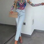 Women's Vintage Abstract Print Sheer Mesh Top Long Sleeve Slim Fit Tee with Thumb Holes