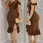 Women's Cold Shoulder Adjustable Pearls Straps Bodycon Dress Cowl Neck Asymmetrical Ruffle Hem Party Dress