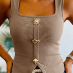 Women's Square Neck Ribbed Tank Top Vintage Abstract Gold Button Knit Camisole Slim Fit Slit Vest