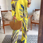 2 Pieces Outfit Plants Print Cold Shoulder Batwing Sleeve Top and Casual Wide Leg Pants Set