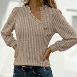 Button Decor Asymmetrical V-Neck Long Sleeve Ribbed Tee Casual Knit Brushed Top