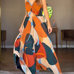 Abstract Print V-Neck Stretchy Thick Straps High Waist Backless Overalls Casual Shirred Waist Cinched Waist Wide Leg Jumpsuit