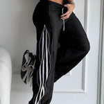 Contrast Side Striped & Zipper Slit Side Drawstring Elastic Waist Trousers Casual Wide Leg Pants