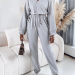 Turn-down Collar Overlap V-Neck Drawstring Stretchy Waist Jumpsuit Casual Flap Pockets Design Jumpsuit