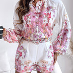 2 Pieces Outfit Floral Placement Print Stand Collar Button Button Front Lantern Sleeve Top and Casual Elastic Back Waist Shorts Set with Belt