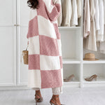 Women's Checkerboard Knit Cardigan Oversized Long Chunky Sweater Loose Lantern Sleeve Coat with Pockets