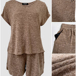 Women's V Neck Short Sleeve Top and Drawstring Shorts Set Casual Loose Fit Loungewear Two Piece Outfit with Pockets