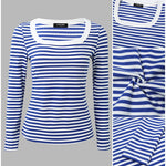 Women's Striped Ribbed U-Neck Long Sleeve Top Slim Fit Contrast Trim Tee